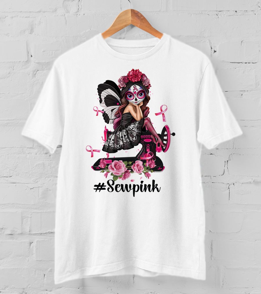 Sewpink Butterfly Sugar Skull Sewing Machine Ribbon Roses T-Shirt