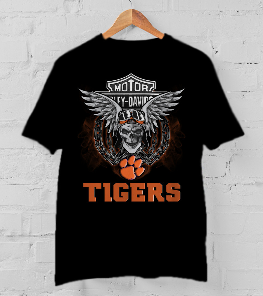 Harley Davidson Motor Clemson Tigers Wings Skull T-Shirt
