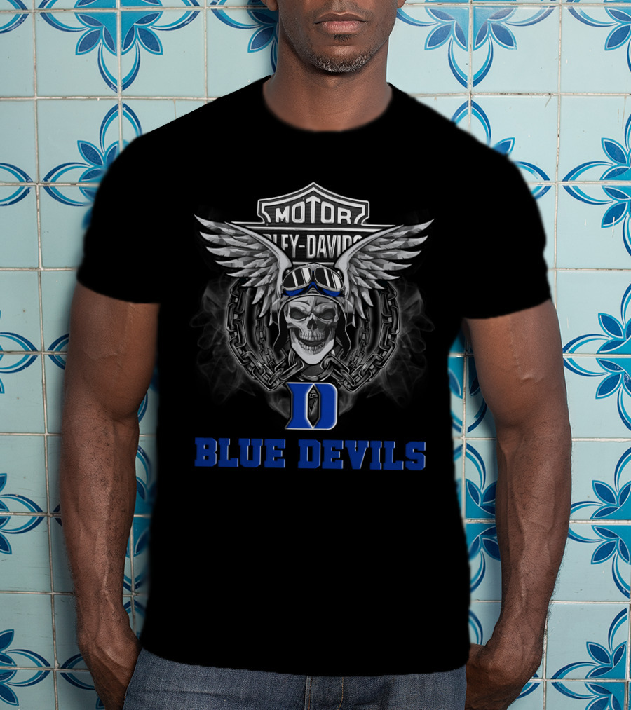 Ncaa Duke Blue Devils Harley Davidson Skull Wings Chains T-Shirt
