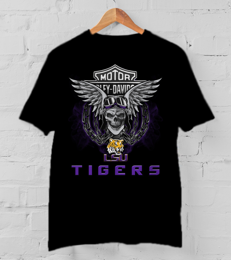 Harley Davidson Lsu Tigers Skull And Wings With Chain T-Shirt