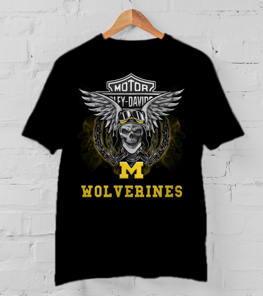 Harley Davidson Motor Michigan Wolverines Skull Wings Goggles M T-Shirt