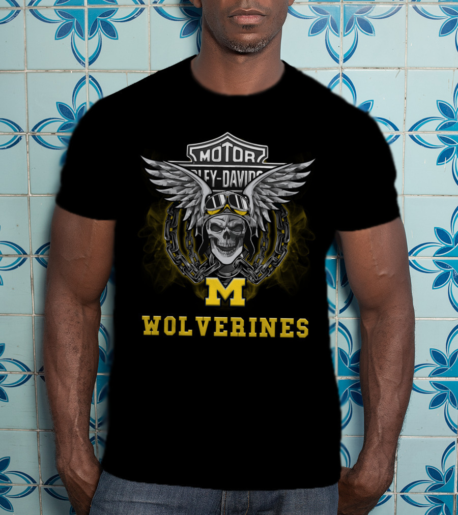 Harley Davidson Motor Michigan Wolverines Skull Wings Goggles M T-Shirt