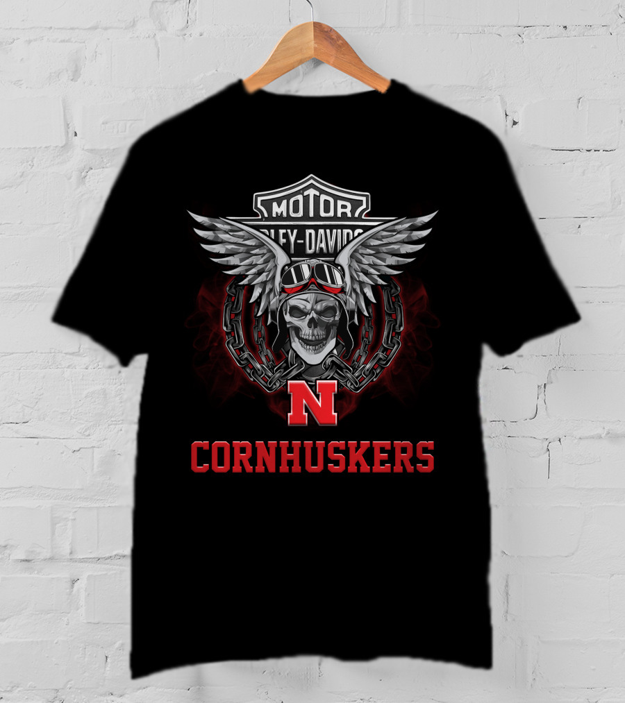 Harley Davidson Motor Ncaa Nebraska Cornhuskers Skull Wings Chains N T-Shirt