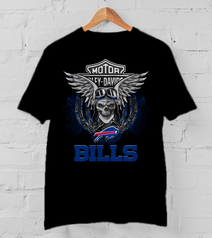 Harley Davidson Buffalo Bills Nfl Biker Skull Wings T-Shirt