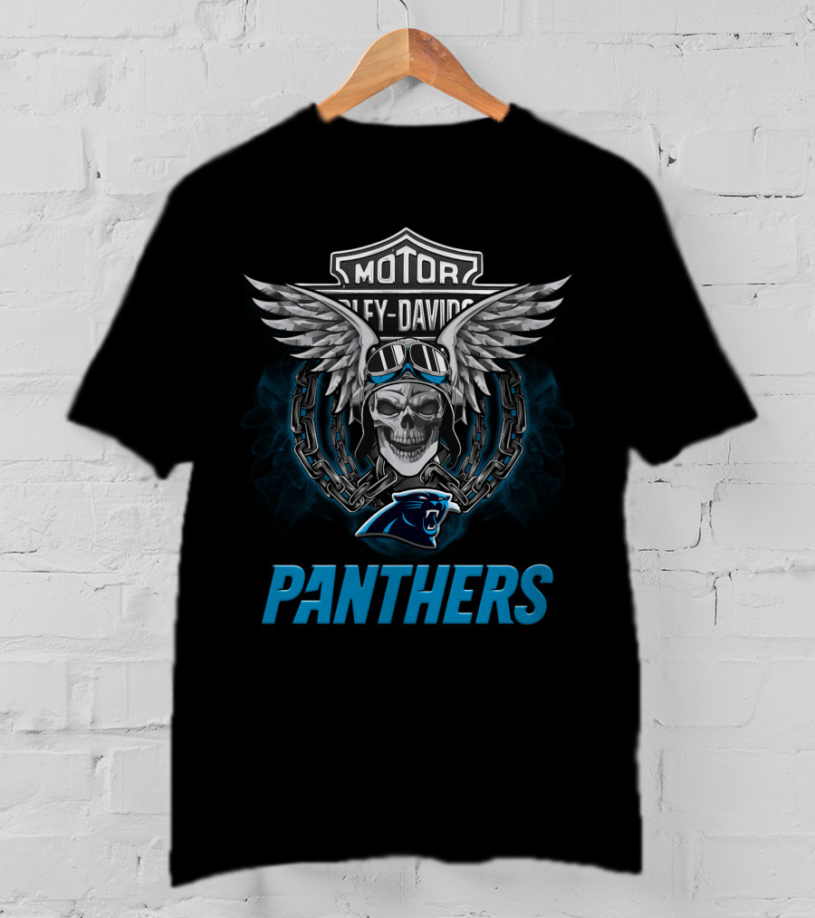 Harley Davidson Motor Skull Wings Chain Goggles Carolina Panthers T-Shirt