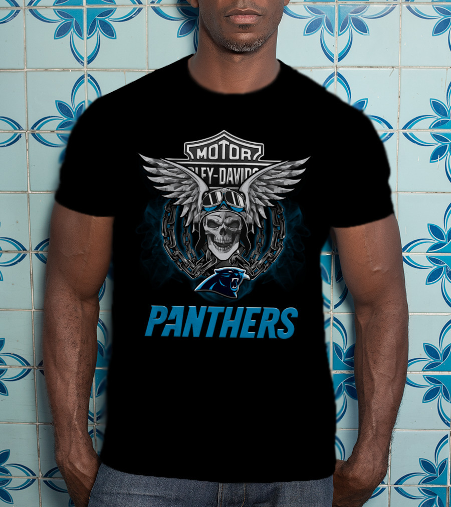 Harley Davidson Motor Skull Wings Chain Goggles Carolina Panthers T-Shirt