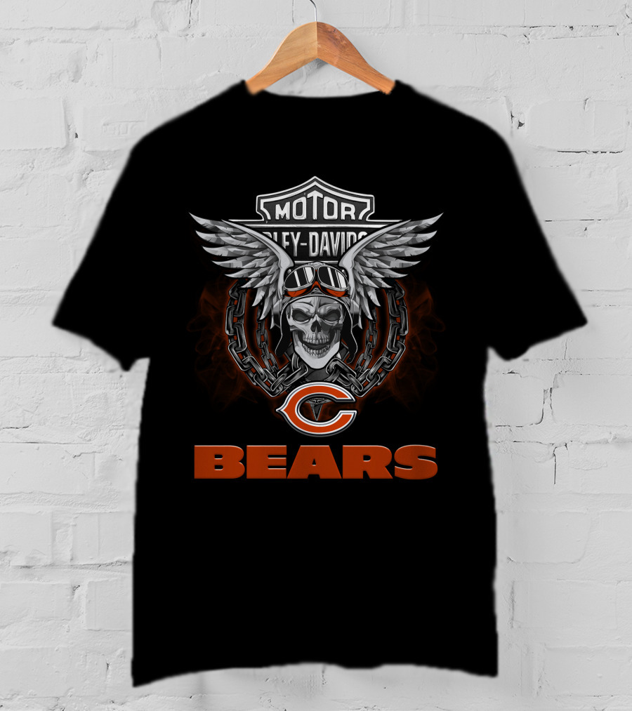 Harley Davidson Motorcycle Biker Winged Skull Nfl Chicago Bears T-Shirt