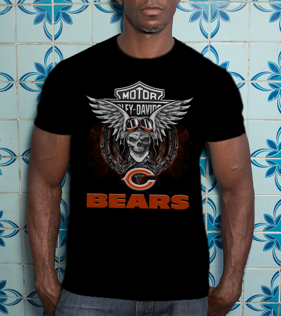 Harley Davidson Motorcycle Biker Winged Skull Nfl Chicago Bears T-Shirt