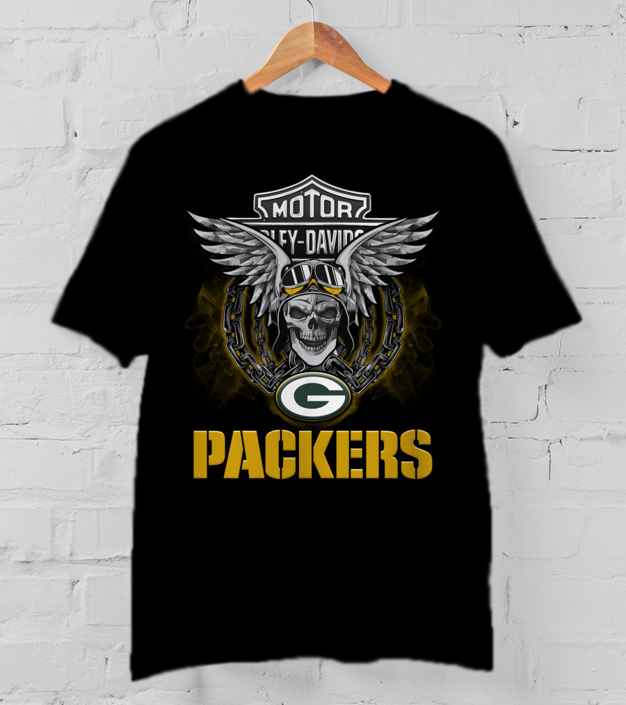 Harley Davidson Motor Skull With Winged Goggles And Nfl Green Bay Packers T-Shirt