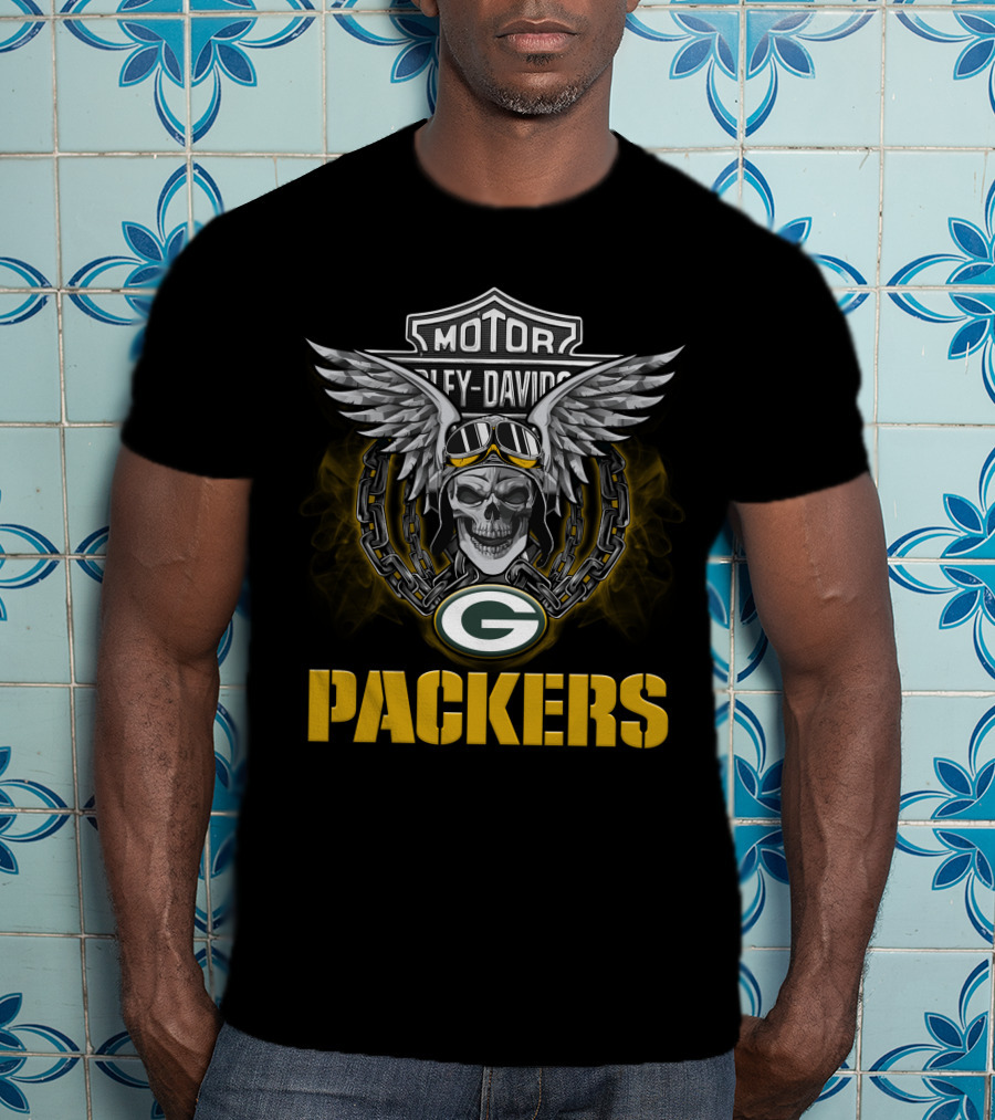Harley Davidson Motor Skull With Winged Goggles And Nfl Green Bay Packers T-Shirt