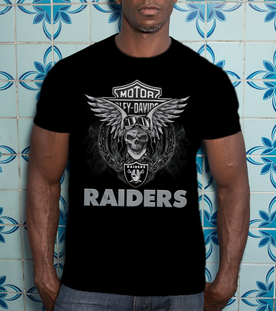 Harley Davidson Motor Skull Wings Biker Nfl Las Vegas Raiders T-Shirt