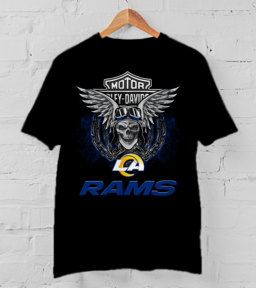 Harley Davidson Motorcycle Biker Skull Wings Nfl Los Angeles Rams T-Shirt