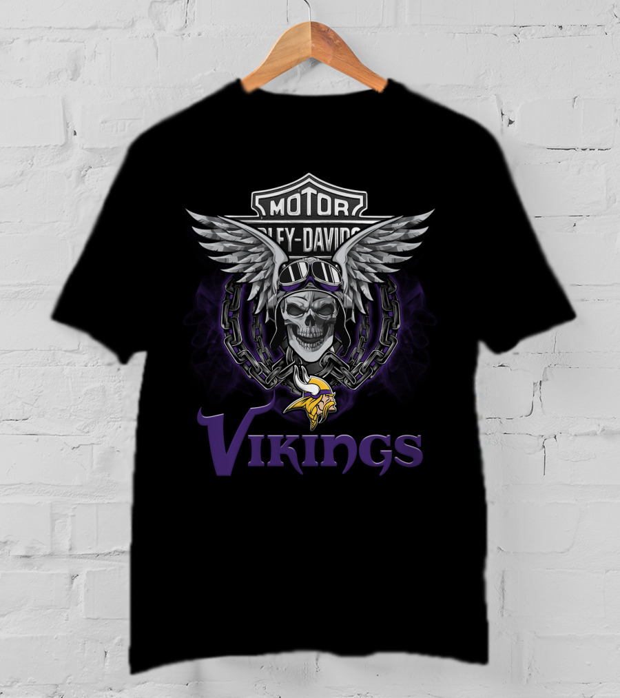 Harley Davidson Motorcycles Vikings Minnesota Nfl Skull Wings Chain Helmet T-Shirt
