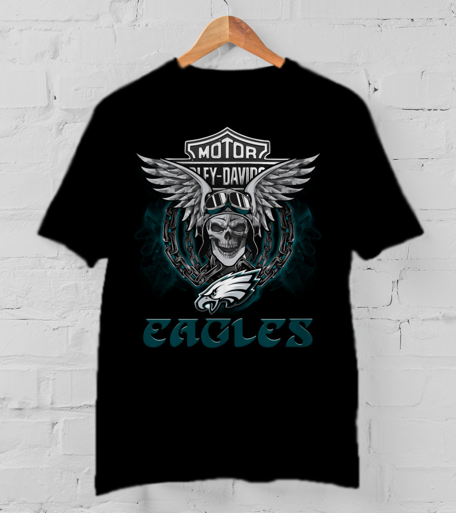 Harley Davidson Winged Skull Philadelphia Eagles Nfl Biker T-Shirt