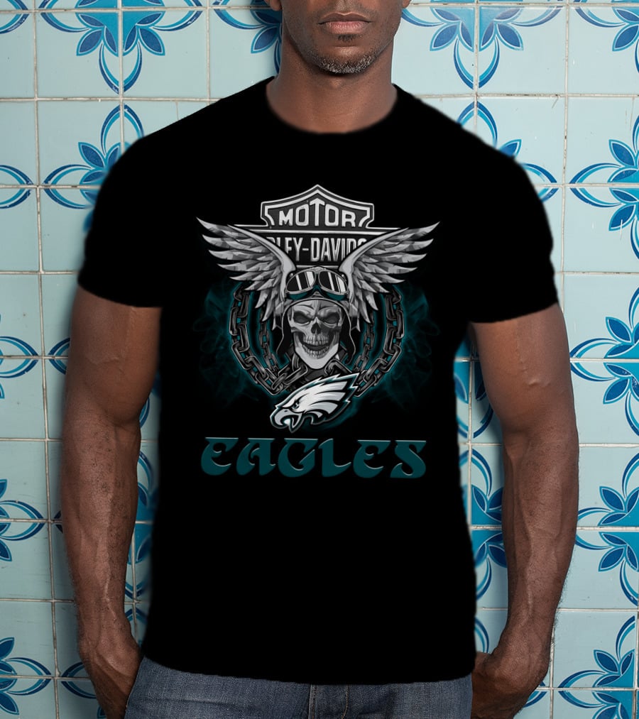 Harley Davidson Winged Skull Philadelphia Eagles Nfl Biker T-Shirt