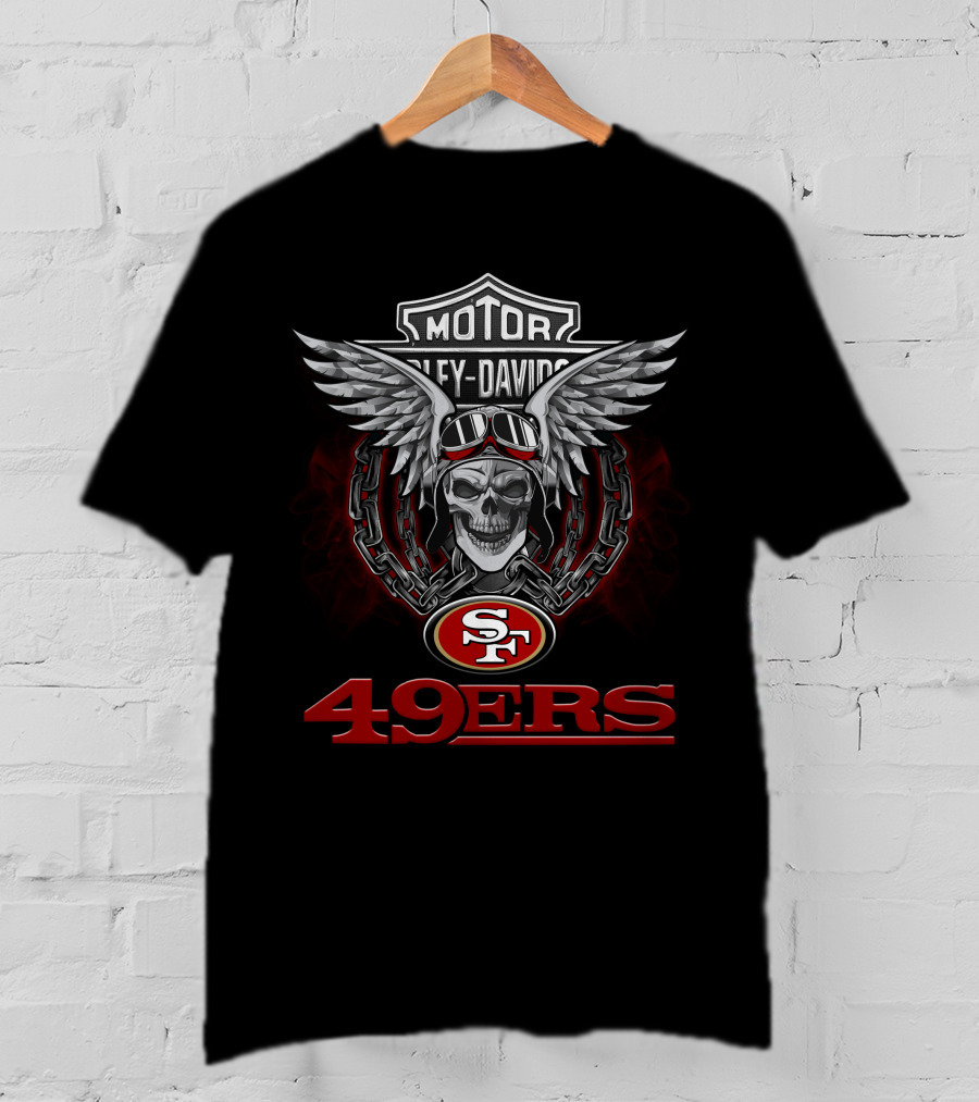 Harley Davidson Motorcycle Biker San Francisco 49ers Nfl Skull Wings And Chains T-Shirt