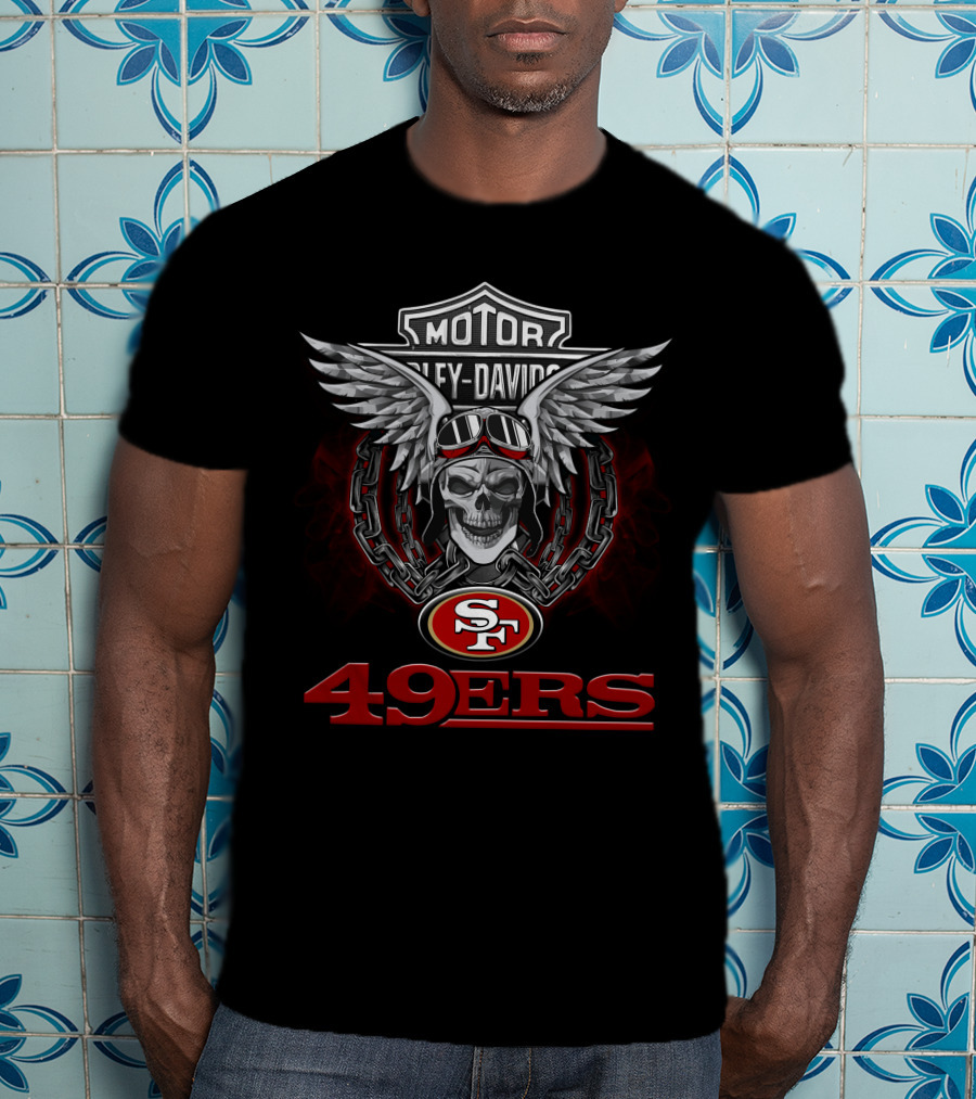 Harley Davidson Motorcycle Biker San Francisco 49ers Nfl Skull Wings And Chains T-Shirt