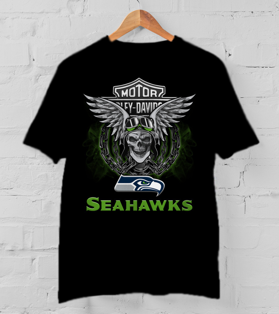 Harley Davidson Motorcycle Biker Seattle Seahawks Skull Wings Chains T-Shirt