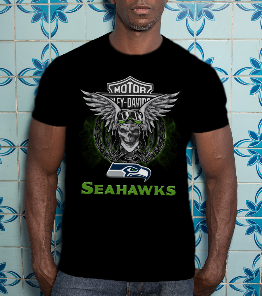Harley Davidson Motorcycle Biker Seattle Seahawks Skull Wings Chains T-Shirt