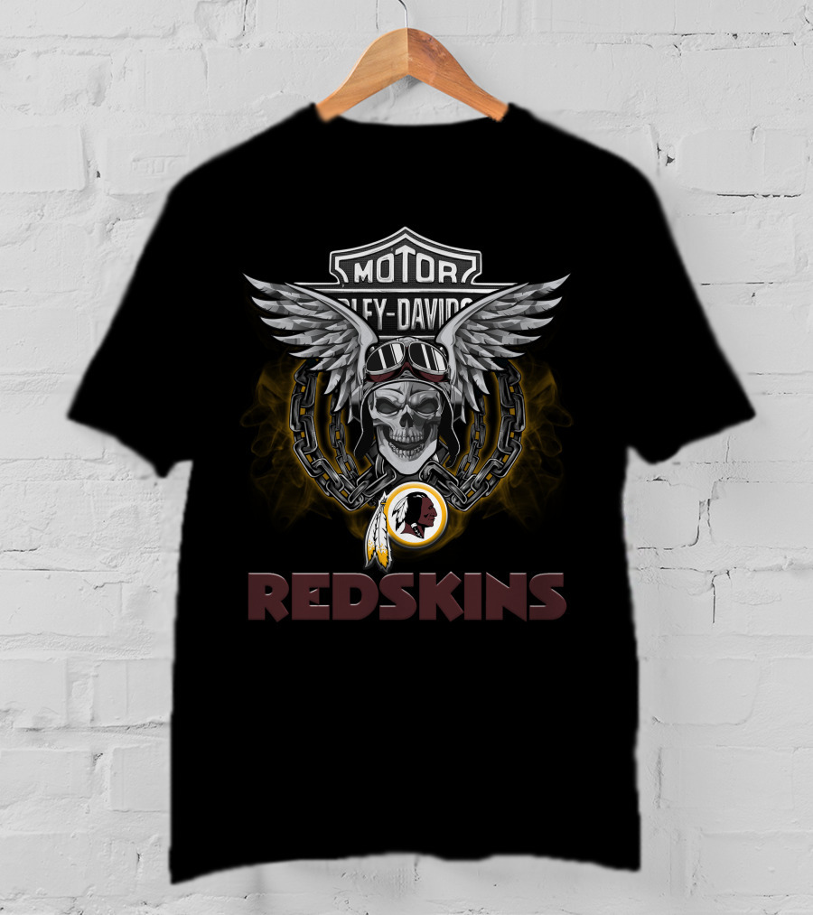 Harley Davidson Motorcycles Redskins Skull Wings Chains Helmet Logo Nfl Football Biker T-Shirt