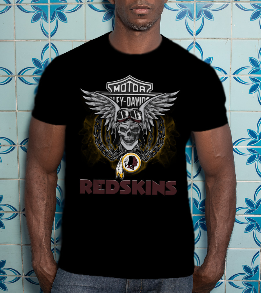 Harley Davidson Motorcycles Redskins Skull Wings Chains Helmet Logo Nfl Football Biker T-Shirt