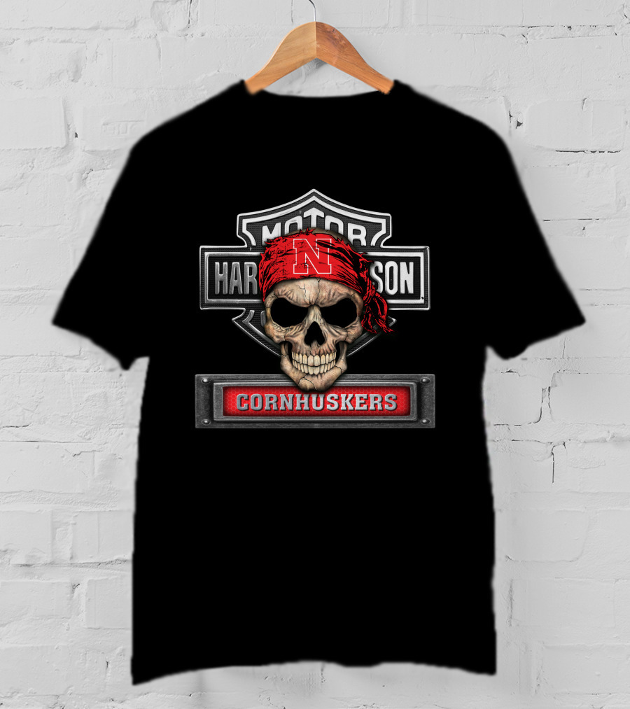 Harley Davidson Skull Ncaa Nebraska Cornhuskers Logo Motorcycle Biker T-Shirt