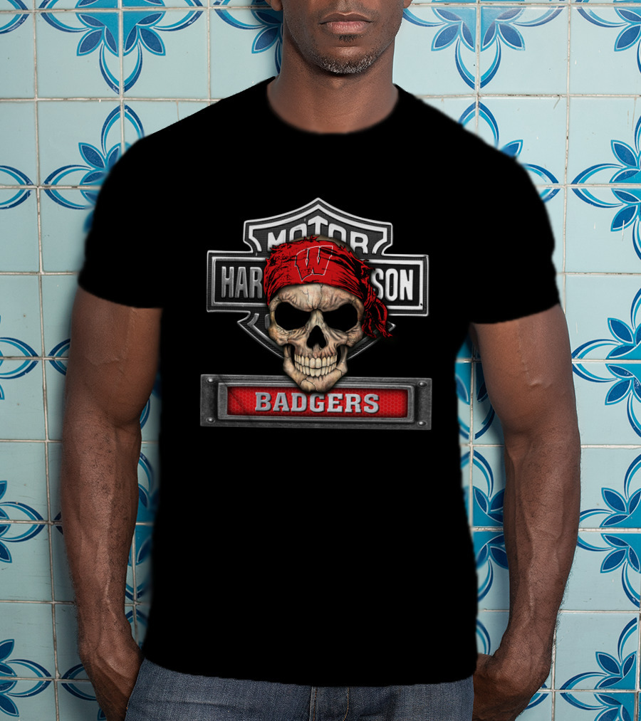 Harley Davidson Motorcycle Biker Skull Wisconsin Badgers T-Shirt