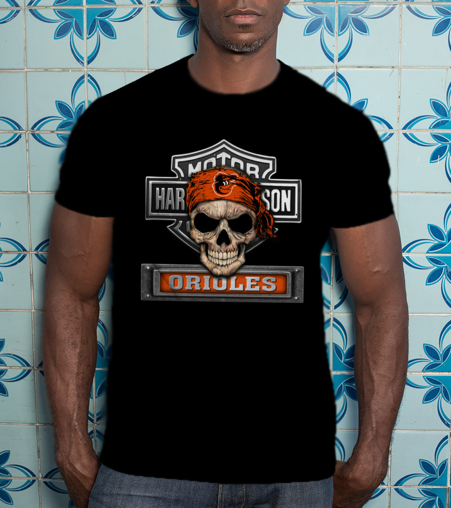 Harley Davidson Motorcycle Skull Bandana Orioles T-Shirt