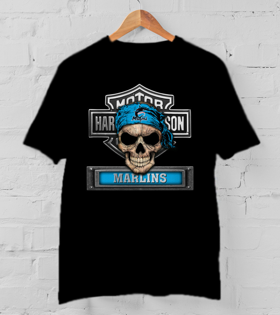 Harley Davidson Motorcycle Skull Miami Marlins Biker T-Shirt