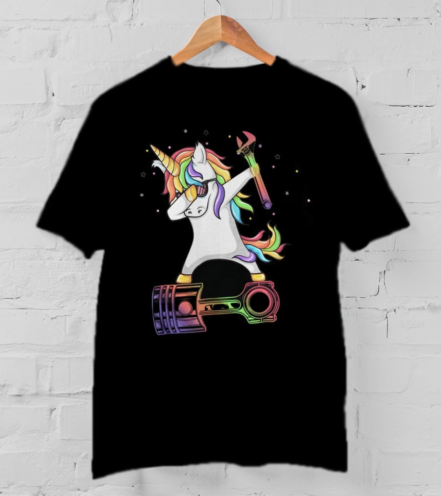 Mechanic Dabbing Unicorn Rainbow Wrench Piston T-Shirt