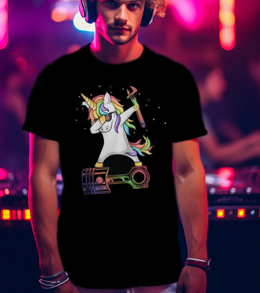 Mechanic Dabbing Unicorn Rainbow Wrench Piston T-Shirt