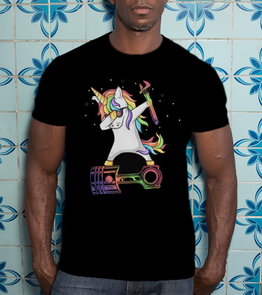 Mechanic Dabbing Unicorn Rainbow Wrench Piston T-Shirt