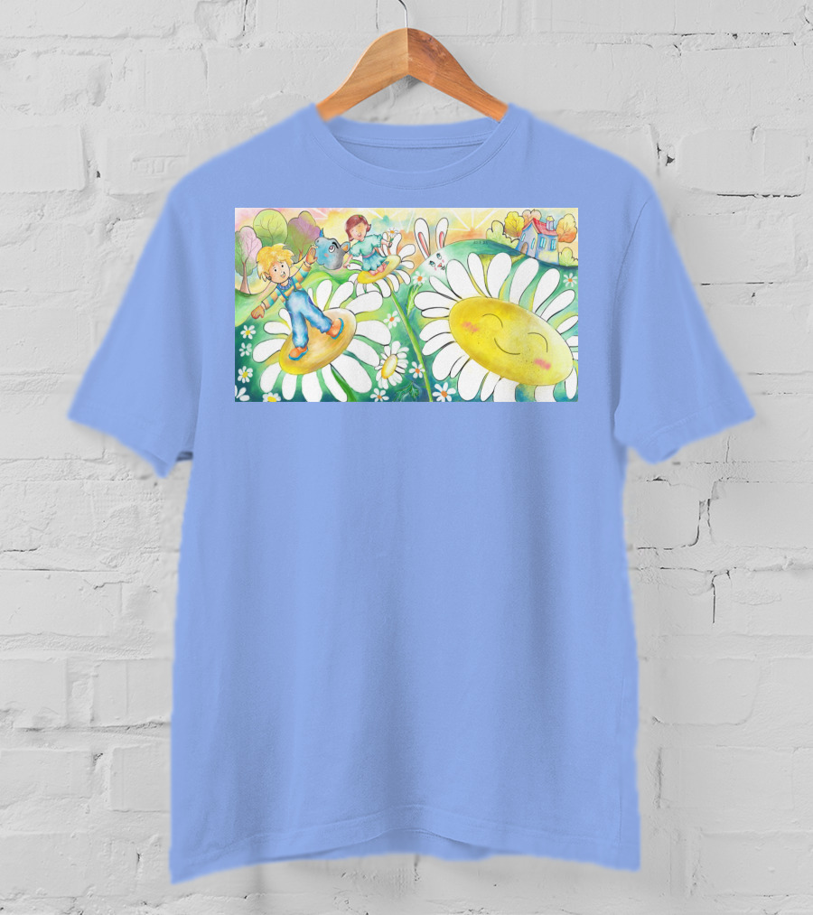 Lodo Happy Sunflower Meadows With Kids And Bunny In A Vibrant Landscape T-Shirt