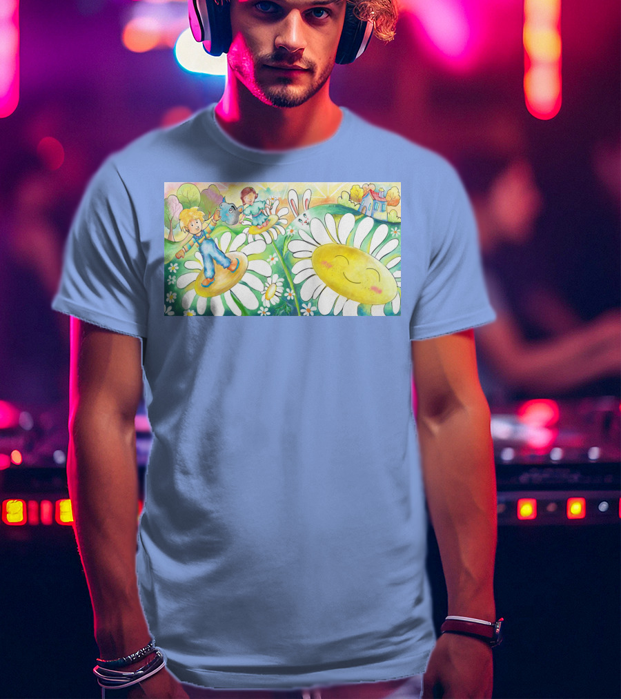Lodo Happy Sunflower Meadows With Kids And Bunny In A Vibrant Landscape T-Shirt