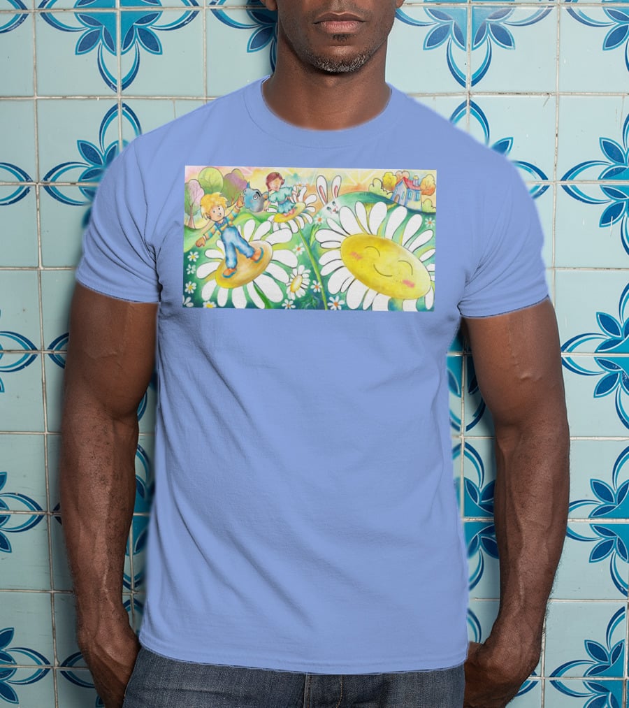 Lodo Happy Sunflower Meadows With Kids And Bunny In A Vibrant Landscape T-Shirt