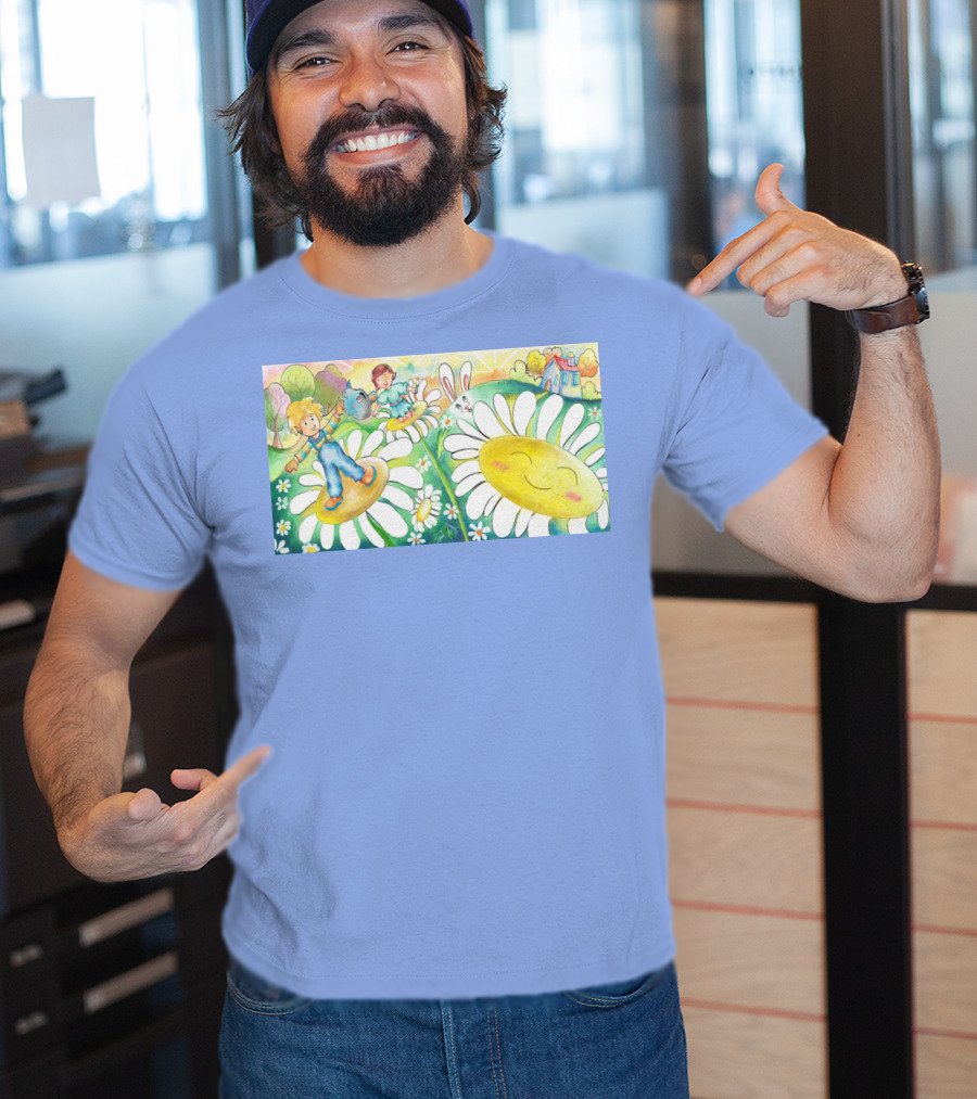 Lodo Happy Sunflower Meadows With Kids And Bunny In A Vibrant Landscape T-Shirt