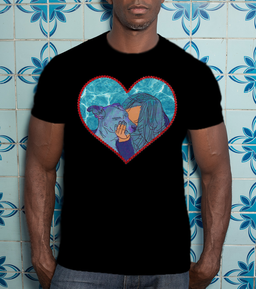 Adopt Don't Shop Heart Embrace Of Woman And Dog In Blue And Red Heart T-Shirt