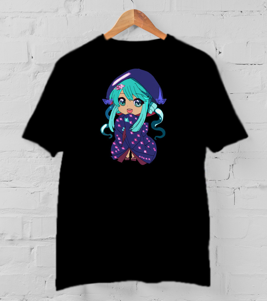 Chibi Girl Wrapped In Star-Patterned Blanket With Blue Hair And Pink Bow T-Shirt
