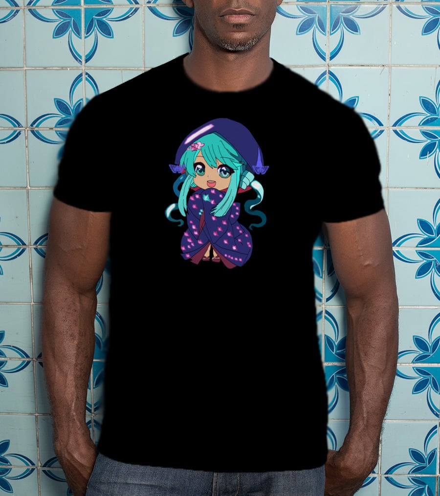 Chibi Girl Wrapped In Star-Patterned Blanket With Blue Hair And Pink Bow T-Shirt
