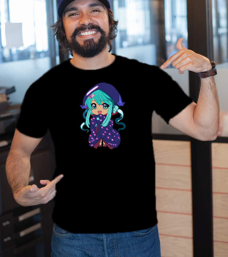 Chibi Girl Wrapped In Star-Patterned Blanket With Blue Hair And Pink Bow T-Shirt