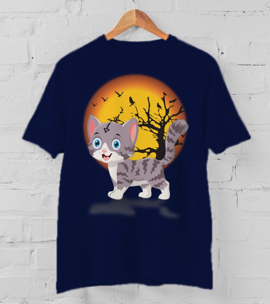 Cute Kittens Halloween Night Moonlit Landscape T-Shirt