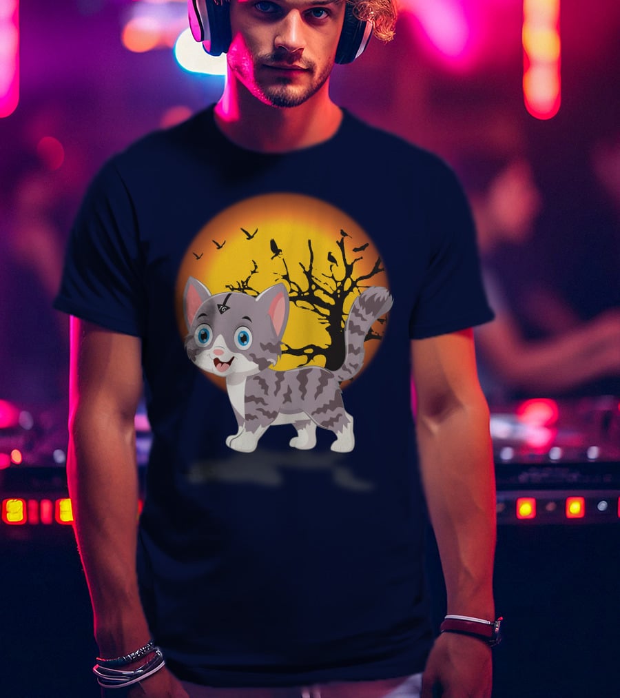 Cute Kittens Halloween Night Moonlit Landscape T-Shirt