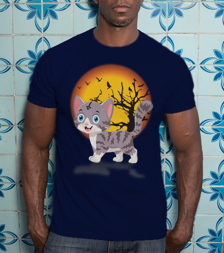 Cute Kittens Halloween Night Moonlit Landscape T-Shirt