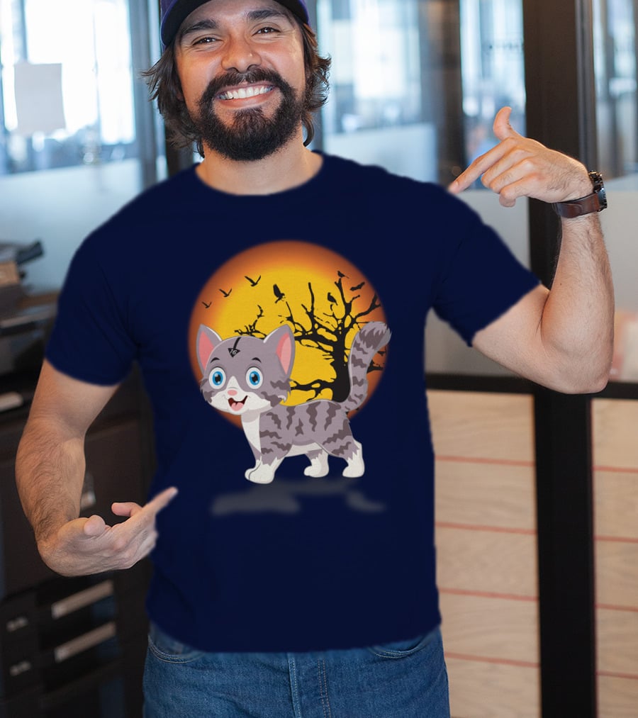 Cute Kittens Halloween Night Moonlit Landscape T-Shirt