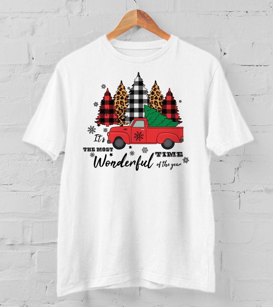 It's The Most Wonderful Time Of The Year Plaid And Leopard Pine Trees Red Truck T-Shirt