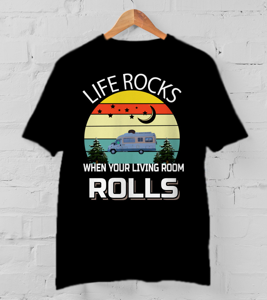 Life Rocks When Your Living Room Rolls Pilote Motorhomes Retro Sunset Campervan Scene T-Shirt