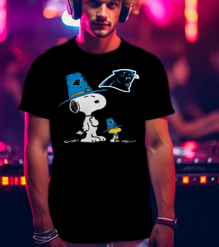 Carolina Panthers Snoopy Thanksgiving Pilgrim Hat Peanuts T-Shirt