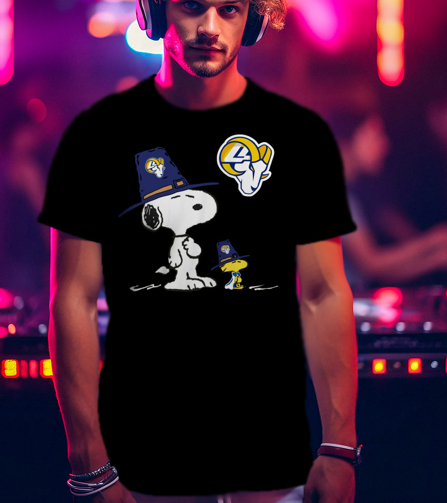 Snoopy And Woodstock In Rams Hats With Rams T-Shirt