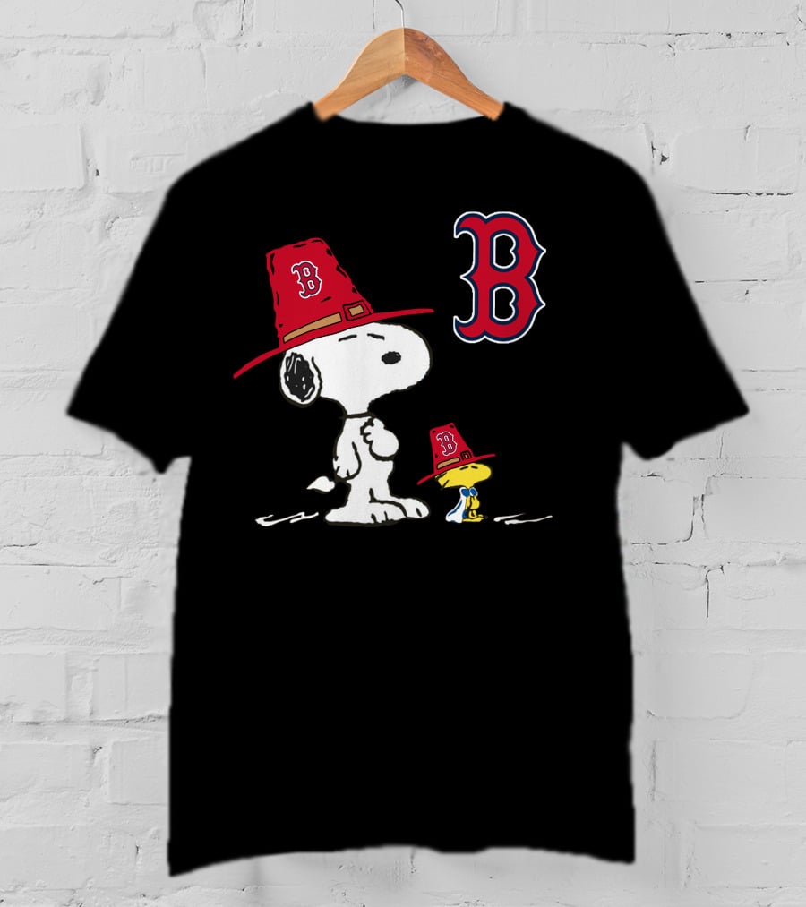 Boston Red Sox Snoopy Woodstock Wearing Team Hats T-Shirt
