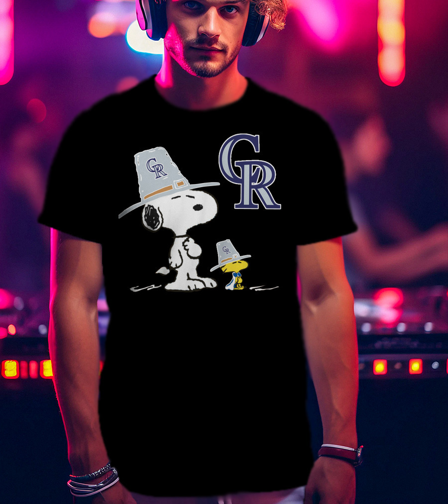 Colorado Rockies Snoopy Woodstock Thanksgiving Pilgrim Hats T-Shirt